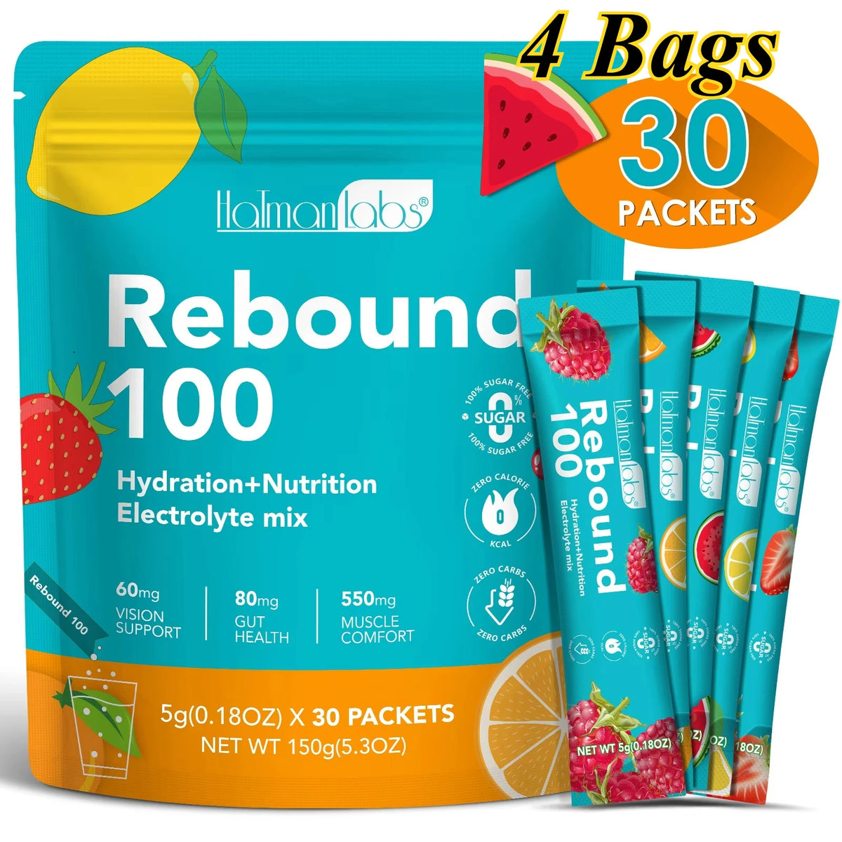 HolmanLabs Rebound 100 Electrolyte Supplement Powder Sugar Free Hydration Gut Vision Muscle Health Vitamins C B6 B12 30 Packets