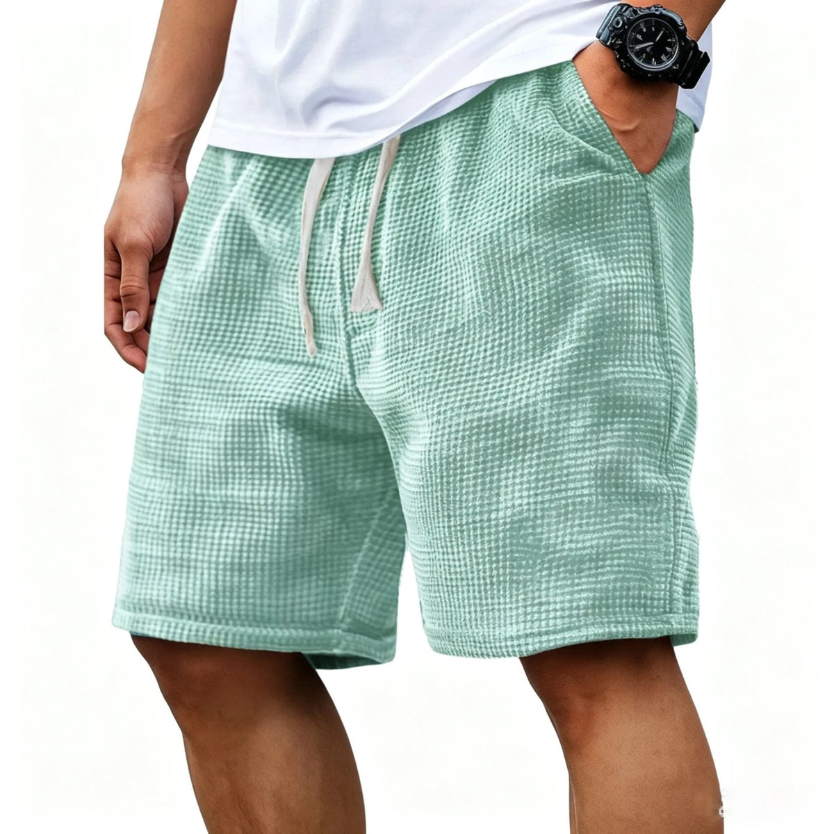 Men Waffle Plaid Casual Shorts Elastic Drawstring Loose Fit Summer Beach Walking Jogging Short PantsS-4XL