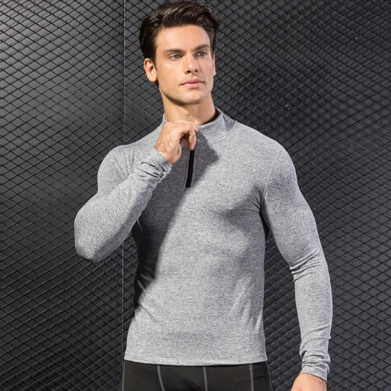 Winter Fleece Men's Fitness Running Training Long-Sleeved Elastic Warm Tight Stand-Up Collar Hoodie Zipper Compression Shirt
