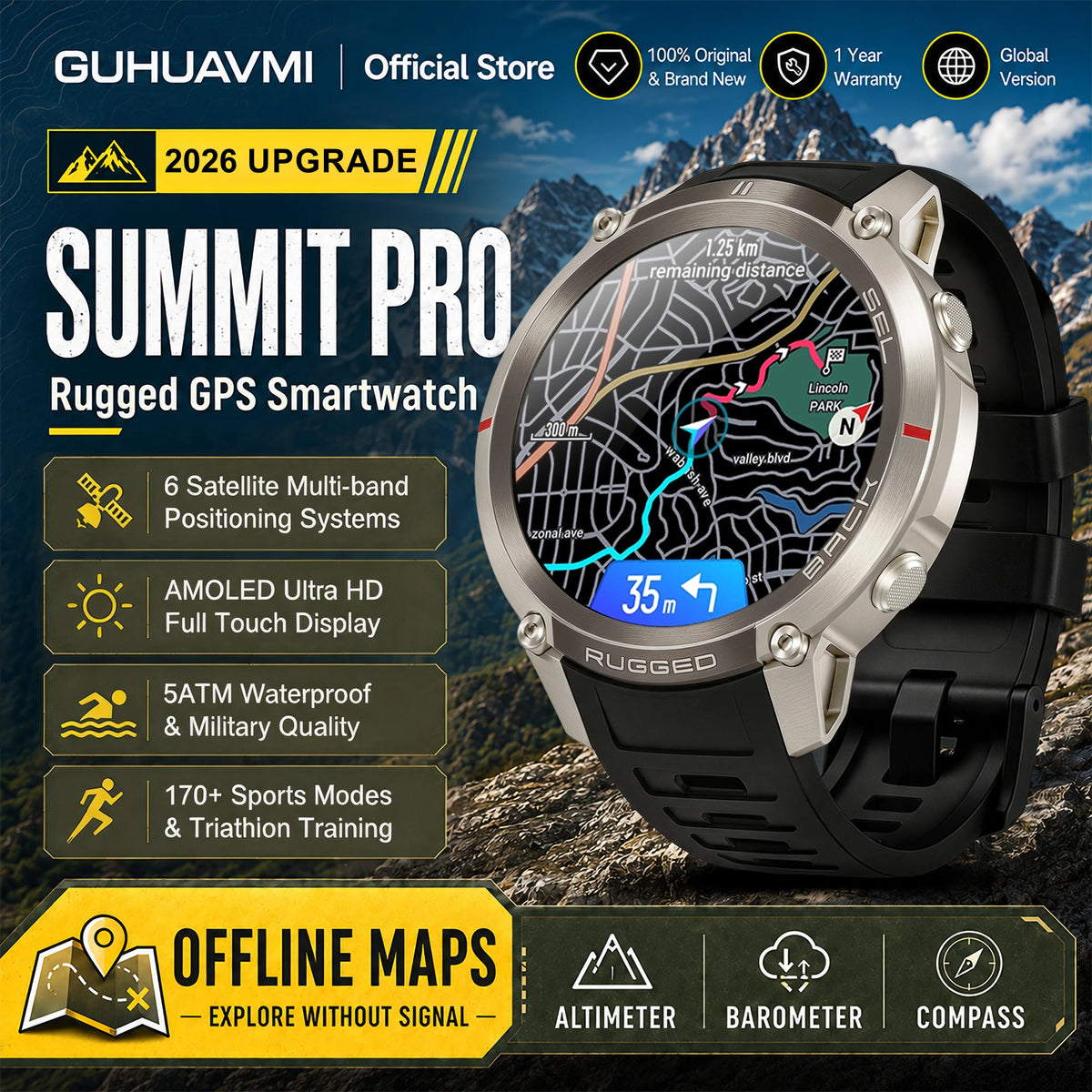 2026 New Google Maps Smart Watch GPS Route Tracking Offline Map Compass Fitness Tracker BT Call Rugged Outdoor HD Smartwatch Men