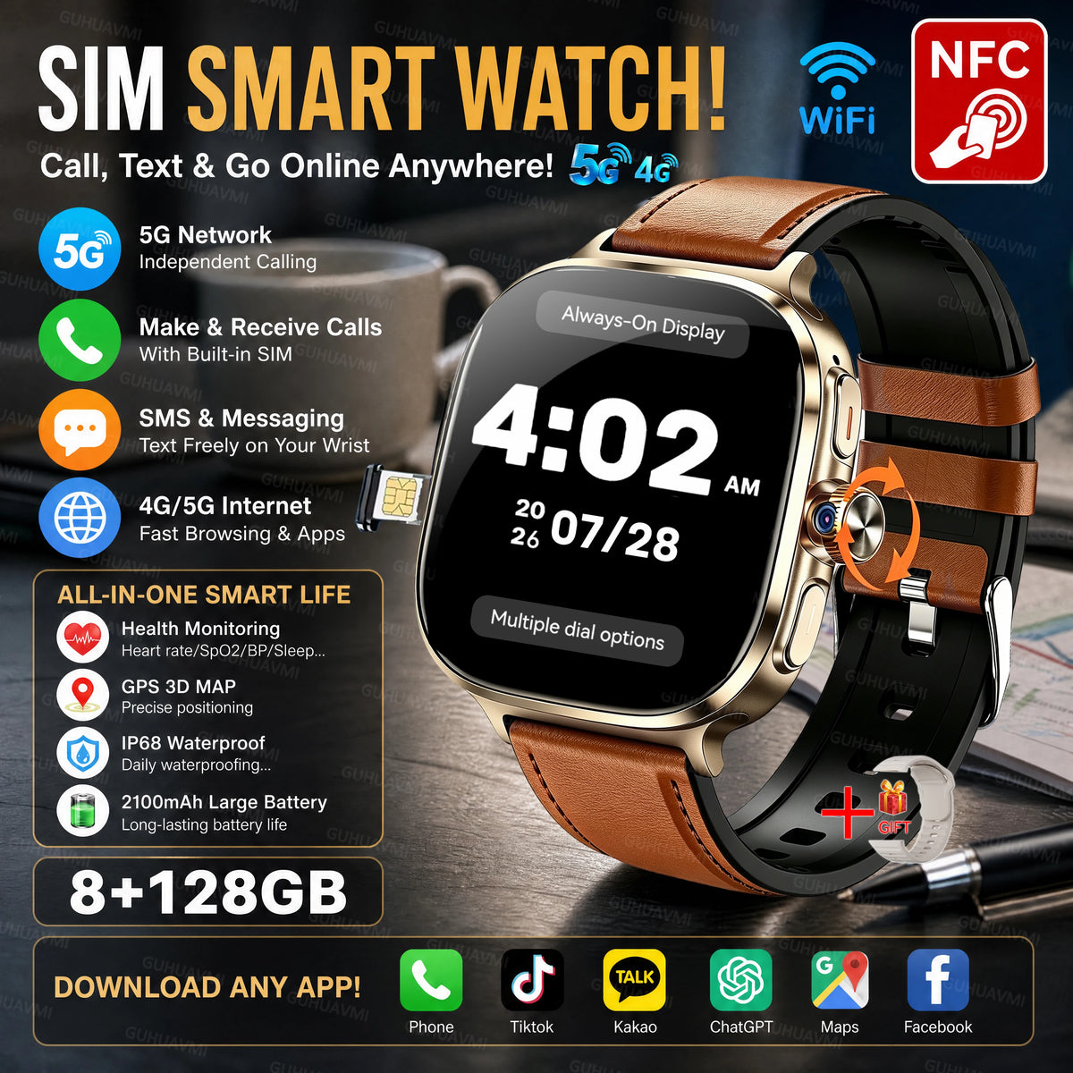 2026 New 5G/4G Smart Watch 8+128GB SIM WiFi GPS Google Maps HD Camera Video Call AI Assistant Google Play Smart Watch Men Lady