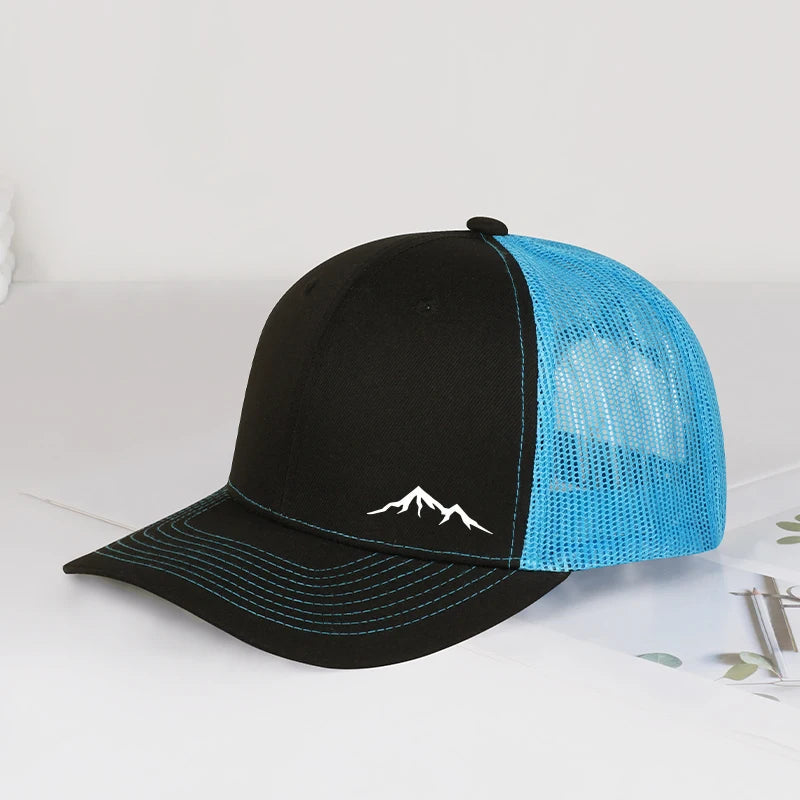 Minimalist Mountain Print Trucker Cap – Adjustable Unisex Camping and Travel Mesh Sun Hat for Hiking and Trekking