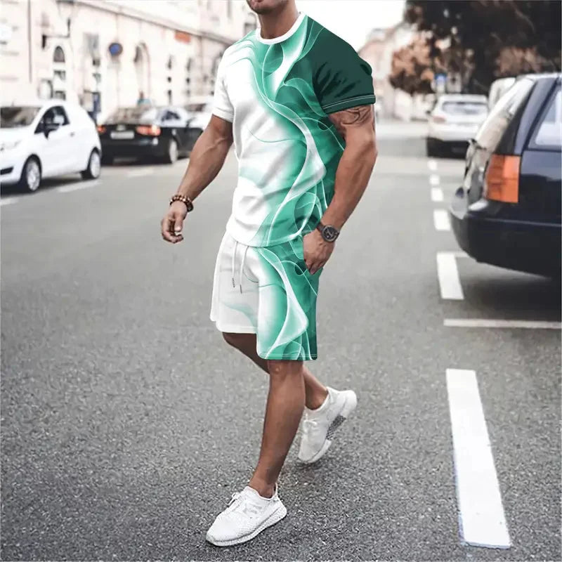 New Gradient Texture T-Shirt Men's Two-Piece Summer New Shorts Suit Fashion 3D Printing Street Casual Sportswear Men's Models