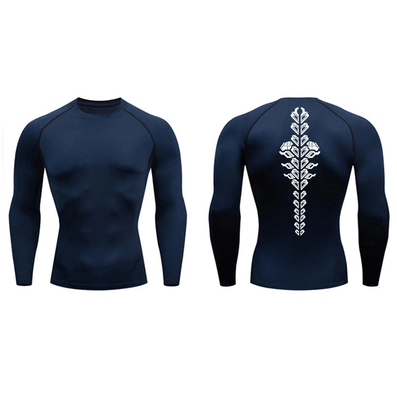 Spine Print Long Sleeve Compression Shirt for Men Athletic Quick Dry T-shirts Gym Workout Running Tees Tops Baselayer Undershirt