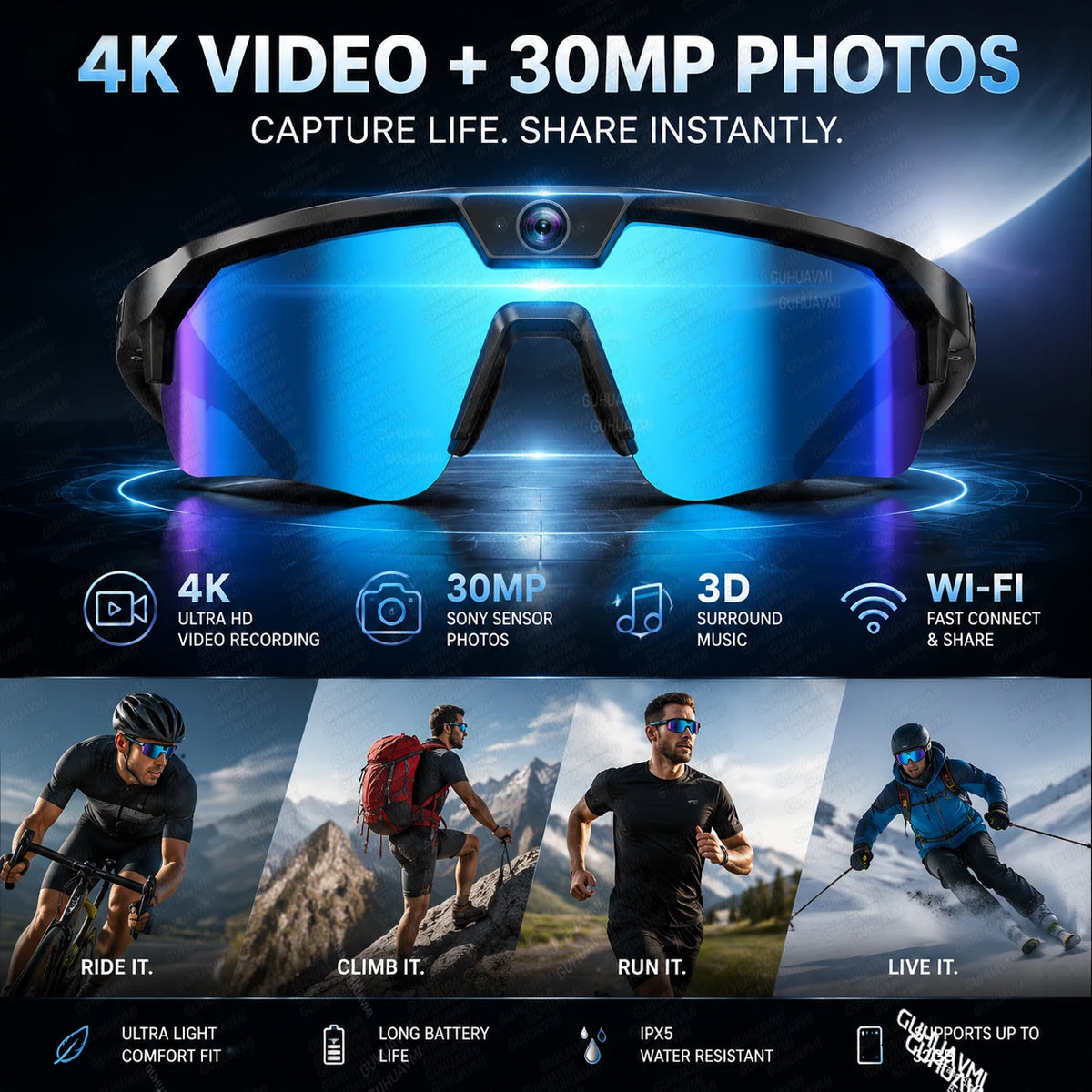 2026 New AI Smart Sports Glasses with 30MP Camera 4K Anti-shake Bicycle Riding Shooting Artifact Dual Mic 32GB Windproof Goggles