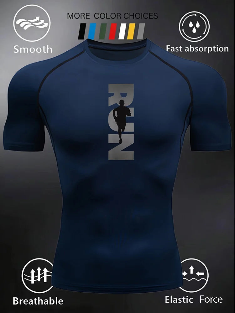 Men's and Women's Matching Short Sleeve T-Shirt with Pressed Design Printed RUN Pattern Fitness Top Suitable for Running - J34