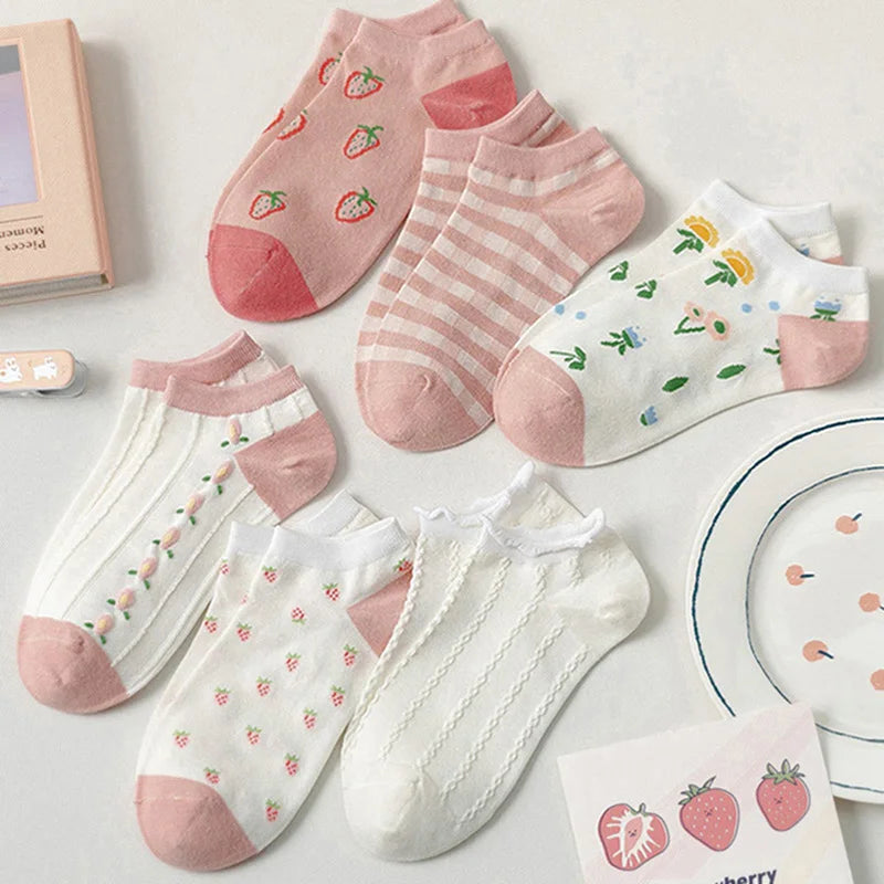 5 Pairs Socks Womens Summer Autumn Socks Women Quality Cotton Cute Set Japanese Style Sports Fashion Short Ankle Socks Harajuku