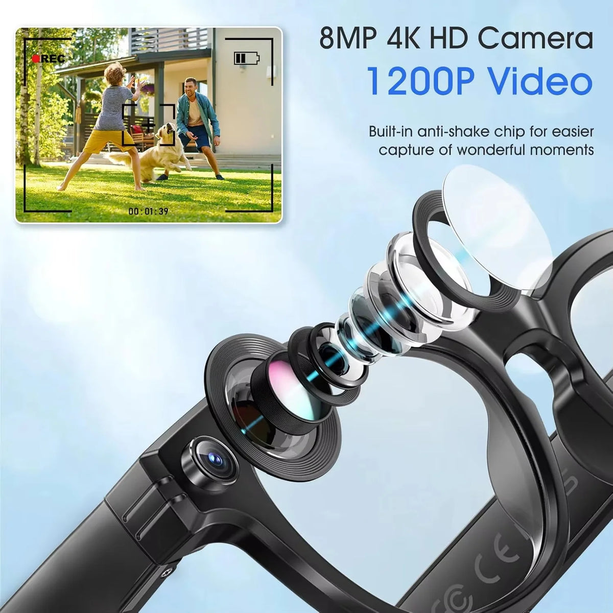 New Camera Glasses 800w Pixel 2K UHD Video Recording EIS Anti Shake 4GB Wifi Ai Translation Anti Blue Light Men Smart Glasses