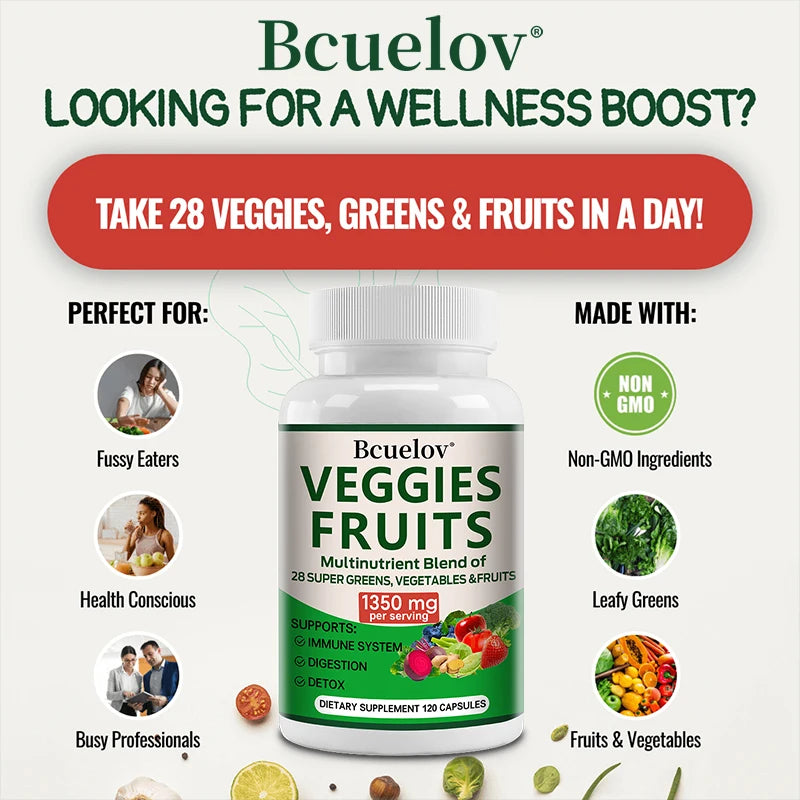 1350mg Fruit and Vegetable Supplement - 28 Complex Nutrients - Boosts Digestion, Detoxification, and Immune Support