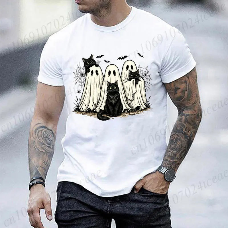 Retro Halloween Ghost & Black Cat Graphic T‑Shirt Men Women Spooky Ghost Cats Bat Spider Print Short Sleeve Holiday Party Tops
