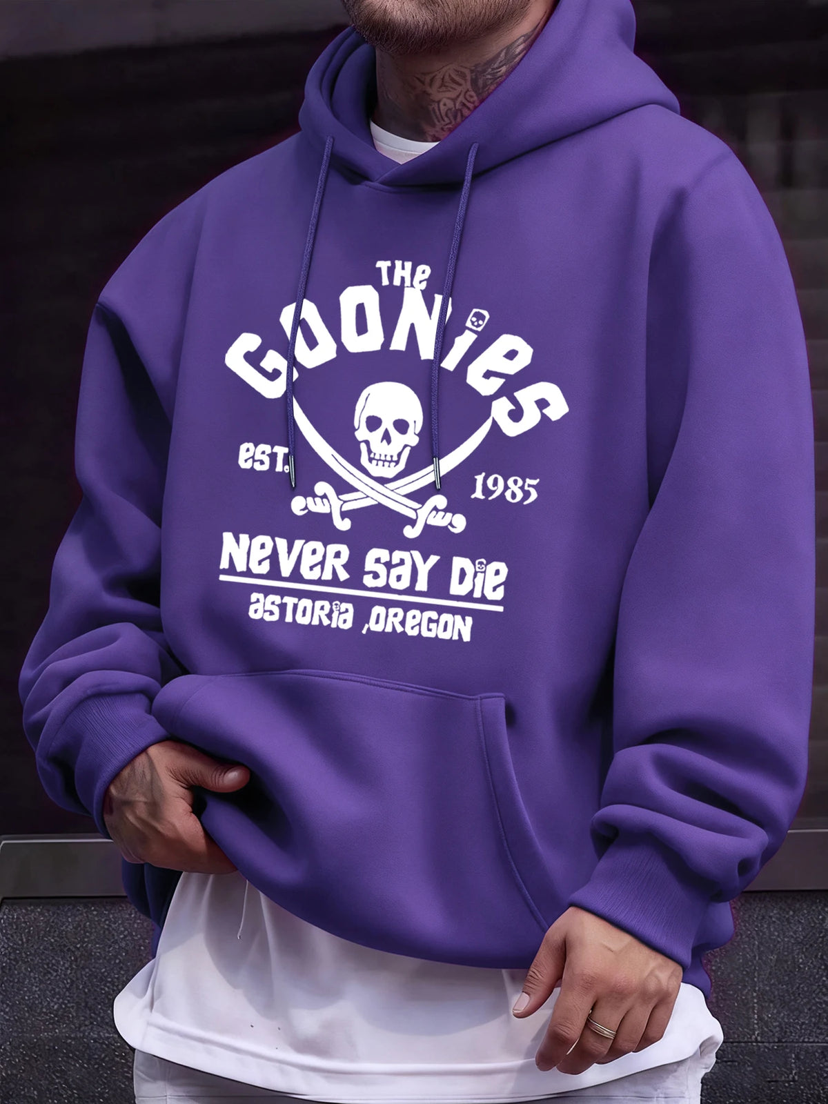 Distressed Goonies Never Say Die Mens Sweatshirt Fashion Casual Hoodies Soft Loose Pullovers Fleece Autumn Unisex Clothing