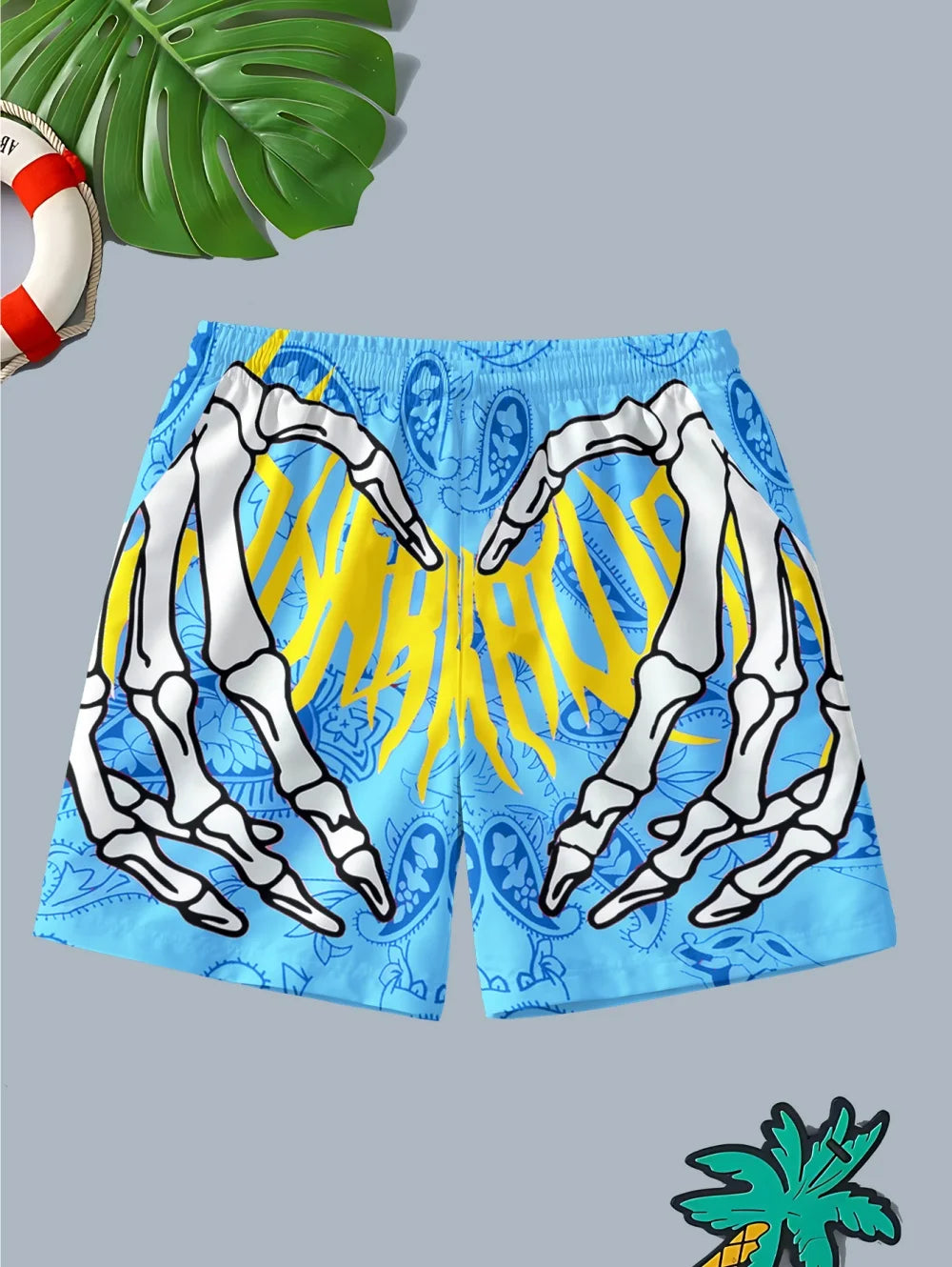 Fashion Men's 3D Skeleton Hand Printed Shorts Men Sports Breathable Oversize Beach Shorts Casual Swim Trunks Men Summer Clothing