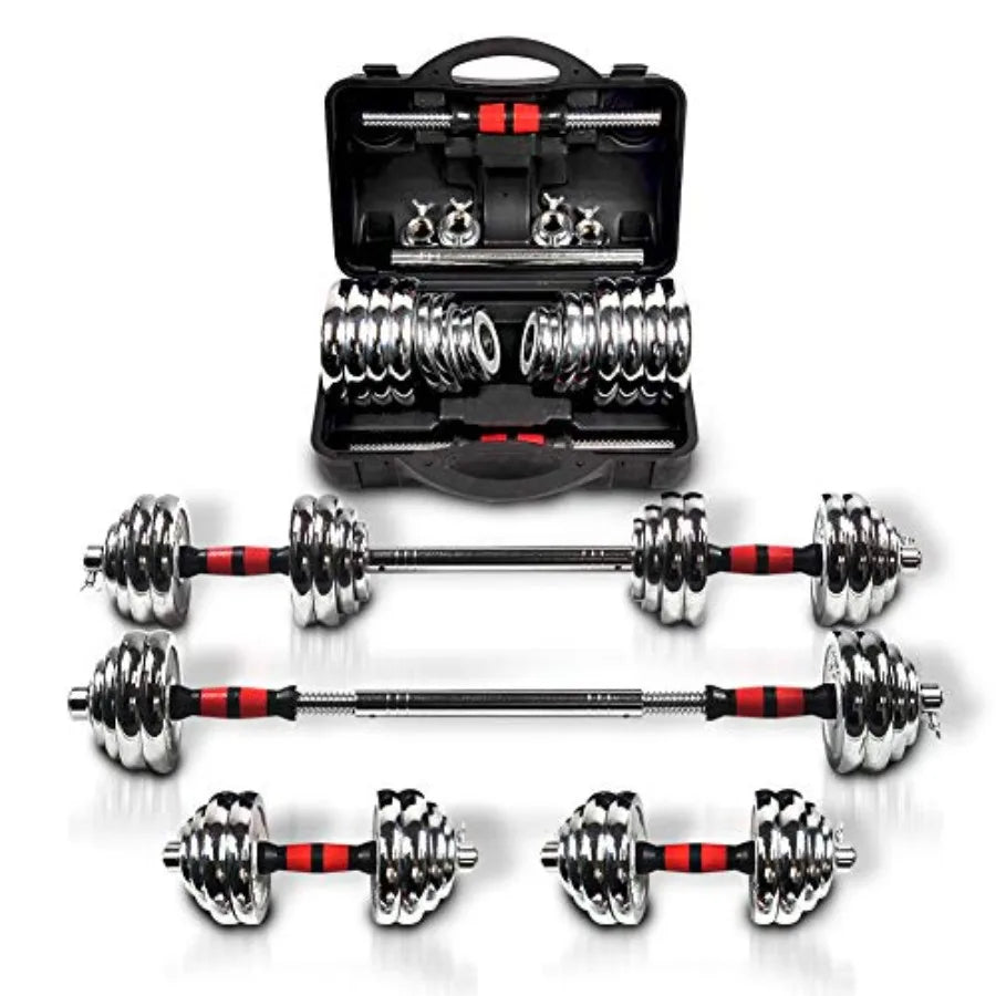 Home gym adjustable dumbbell set with 3-in-1 barbell rod, chromed metal weights, black finish, up to 110lbs max load, includes