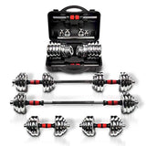 Home gym adjustable dumbbell set with 3-in-1 barbell rod, chromed metal weights, black finish, up to 110lbs max load, includes