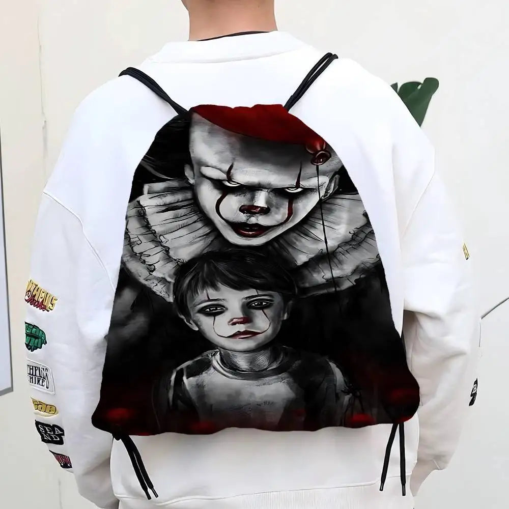 Horror Film I-It P-Pennywise Clown Drawstring Bags Sports Backpack Gym Sackpack Water Resistant String Bag For Cycling