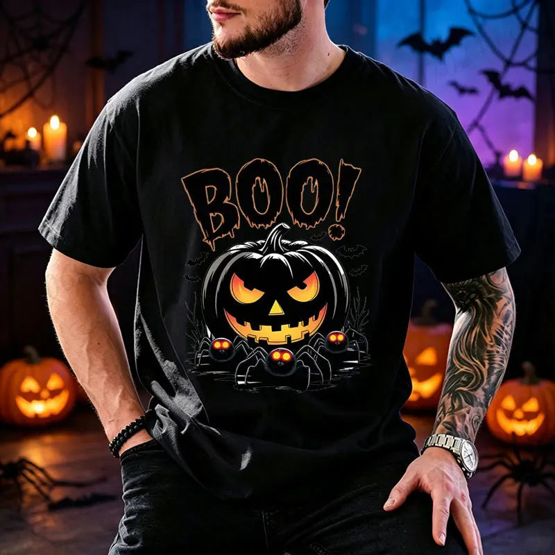 Men Halloween Boo Pumpkin Print T‑Shirt O‑Neck Casual Tee Spooky Spider Bat Graphic Tops Holiday Party Streetwear Men Clothing