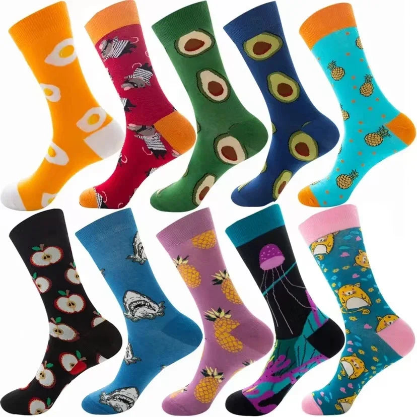 10 Pairs Lot Pack Men Women Couples Lover Socks New Arrival Rhombus Animal Christmas Cartoon Fruit Food Dot Cotton Happy Socks