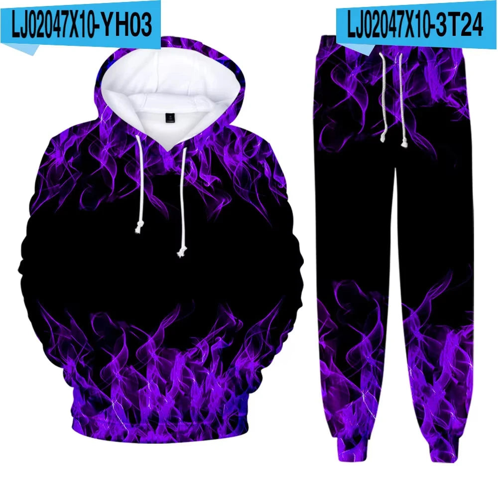 Men's Hoodie Pant Set Blue Flame 3d Print Sets Men Women Fashion Hoodie +Pants 2Pcs Sets Sports Casual Two Piece Tracksuit Suits