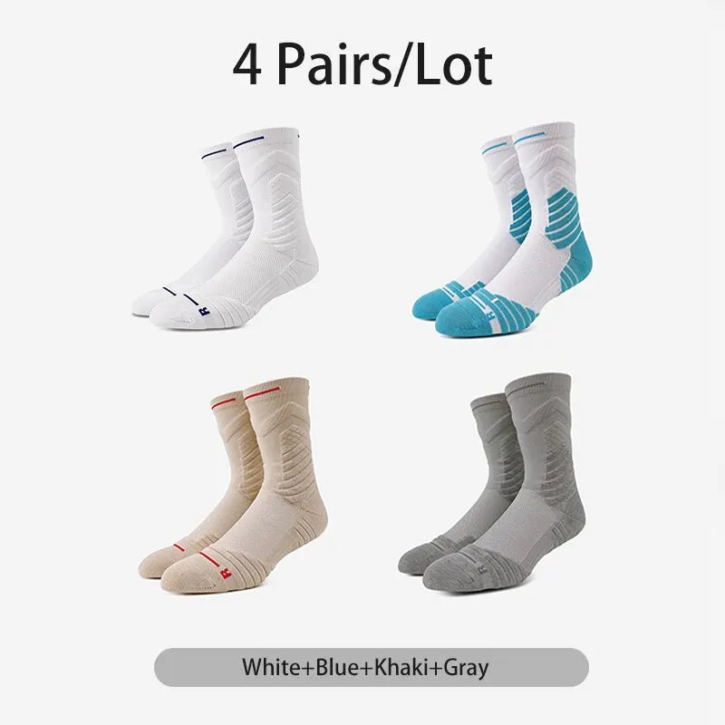 4 Pairs/Lot Professional Basketball Socks Breathable Men Mid-Tube Socks White Sports Socks Towel Bottom Men Basketball Socks