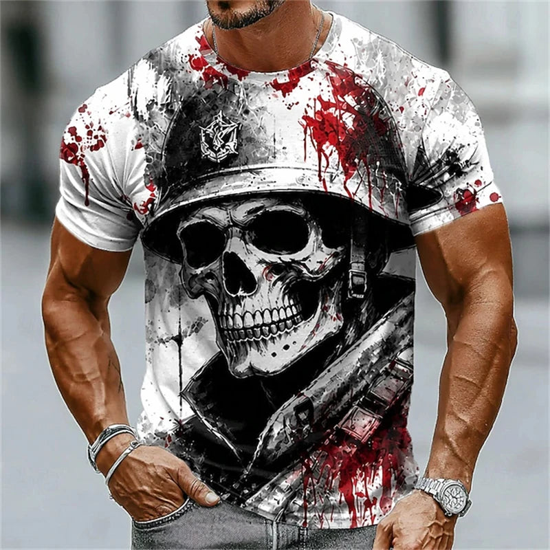 New Men's Halloween Crew-Neck Short-Sleeve T-Shirt Soldier Skull Blood Splatter Print Casual Streetwear Holiday Party Top