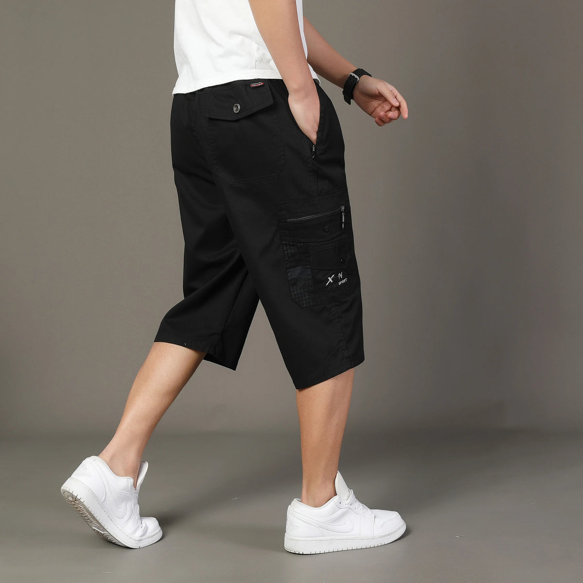 Loose Cargo Shorts Outdoor Hiking Man Keen Length Summer Cotton Breathable Elastic Waist Short Pants Drawstrring 3/4 Cargo Pants