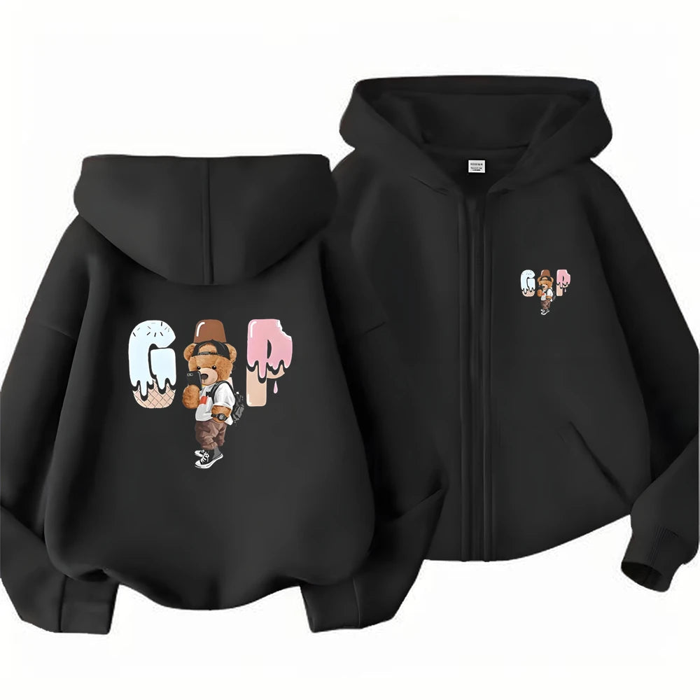 Fashion Bear clothing print Kid 3-12 Year Hoodie Zip Up Hoodies cardigan Tops Girl pink Black Coat autumn Children Purple