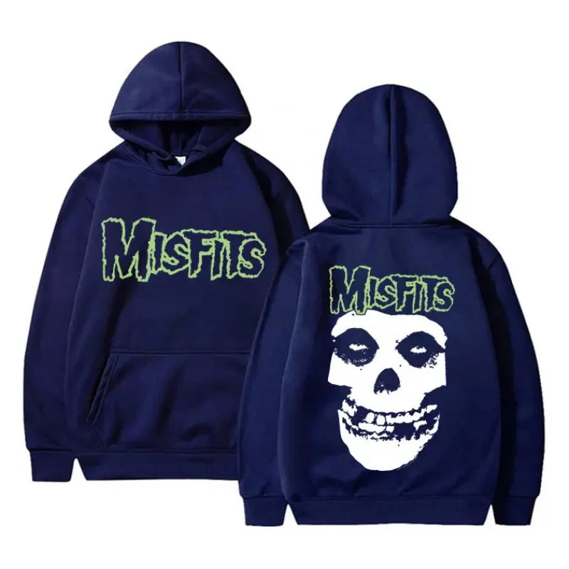 2025 Horror Punk Misfits Skull Graphic Print Hoodie Men Gothic Vintage Loose Fleece Cotton Hooded Sweatshirt Rock Style Pullover