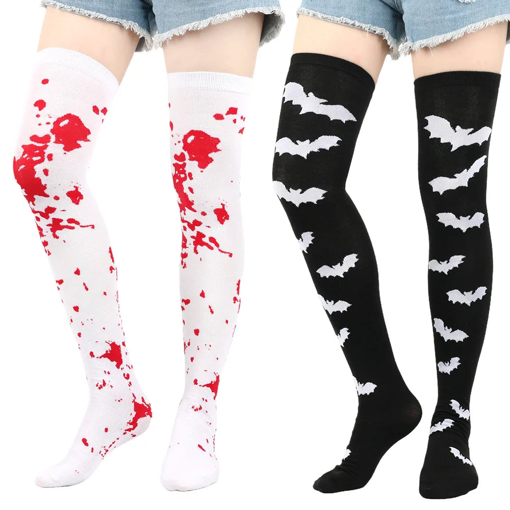 Good-looking Halloween Bleeding Socks Black Solid Color Cartoon Bat Sock Holiday Costume Party Skull Stockings Cool Girls' Style