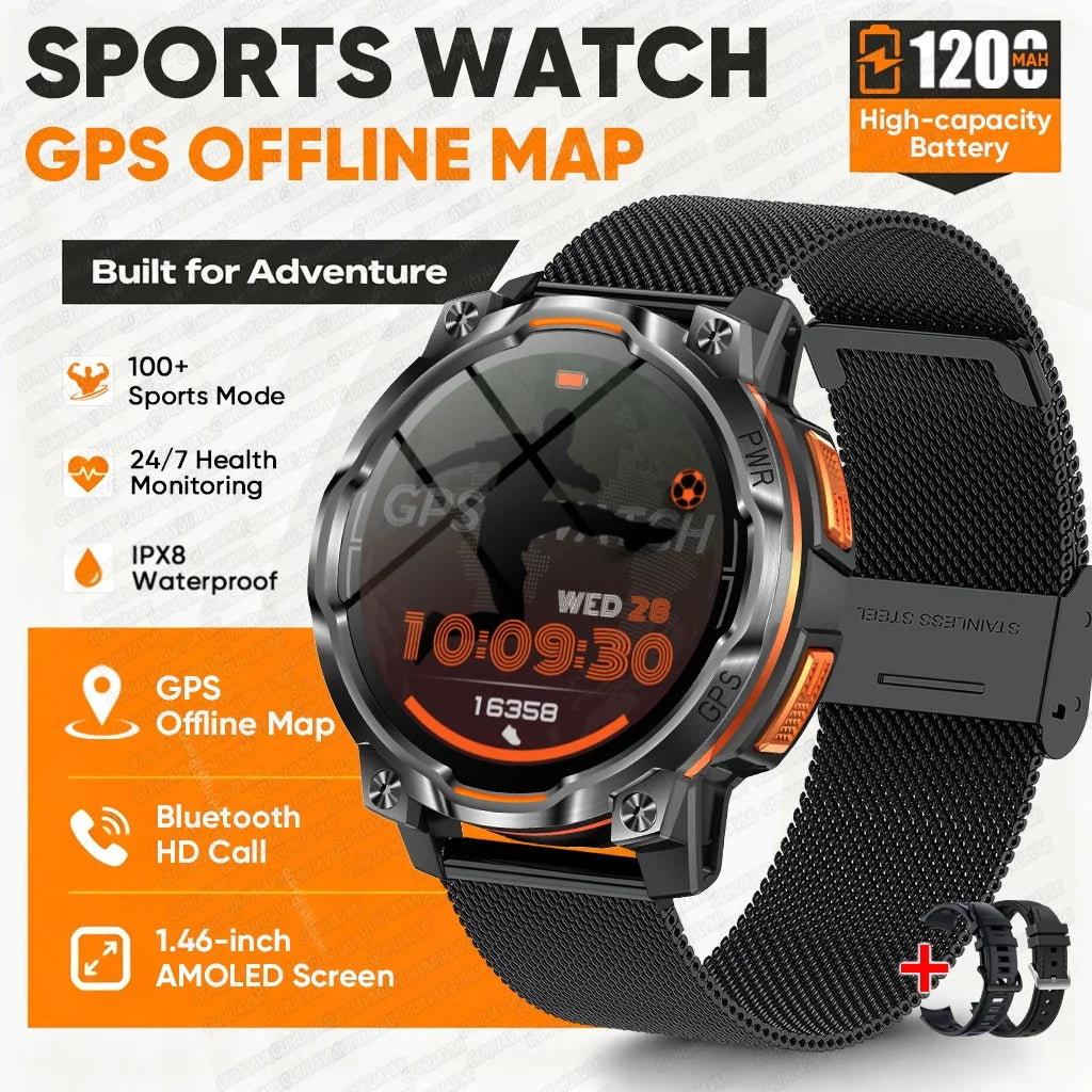 2026 New GPS Offline Map Smart Watch Men 1200mAh Battery IPX8 Waterproof Compass Altimeter  Flashlight Bluetooth Call Smartwatch