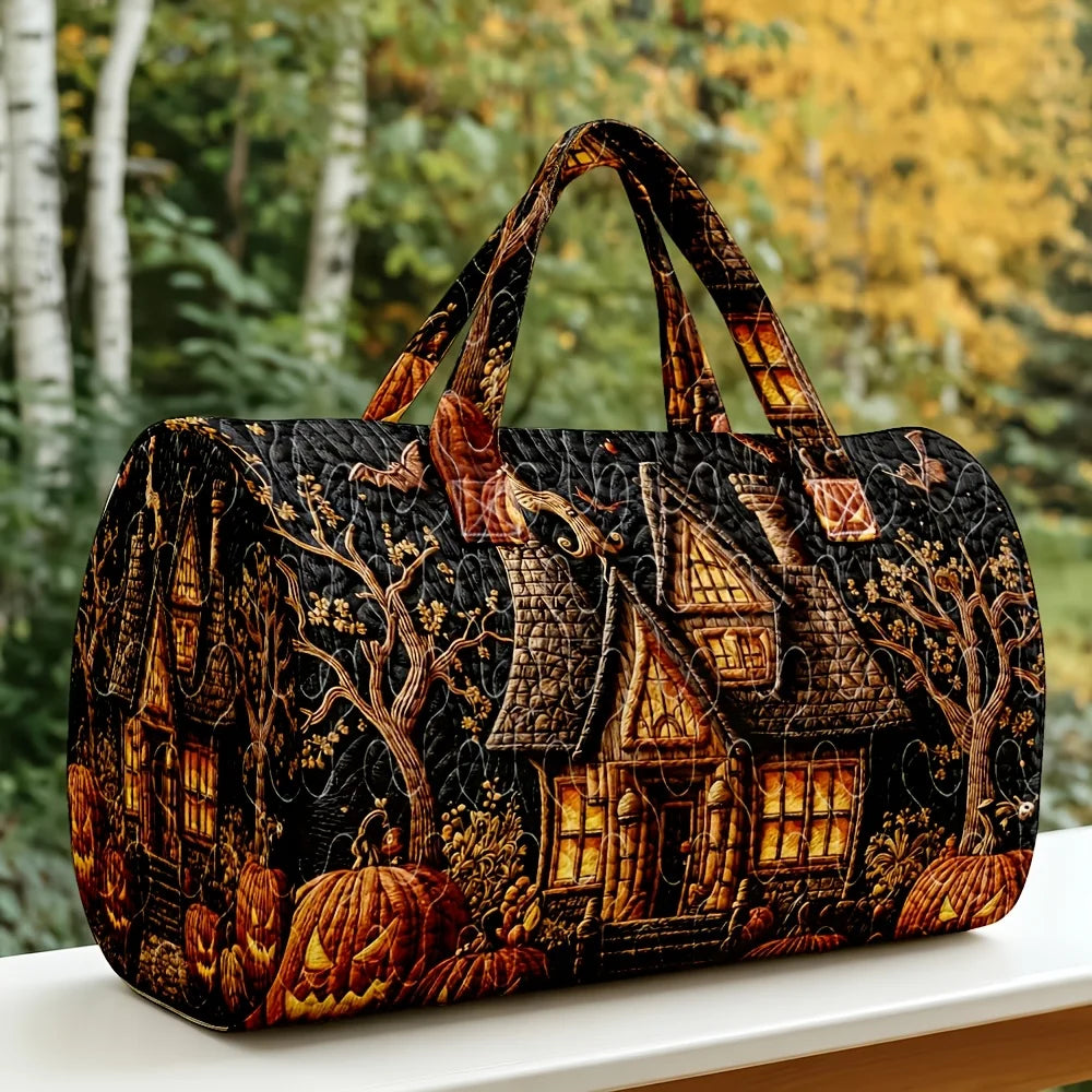Halloween Quilted Luggage Bag Ghost Castle Weekend Bag Large Capacity Autumn Travel Gym Women's Overnight Short Trip Tote Bag