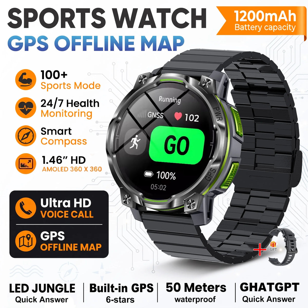 New Technology 2026 Offline Map GPS Smart Watch Men 1200mAh Battery Waterproof Compass Altimeter 100+Sports Military Smart Watch