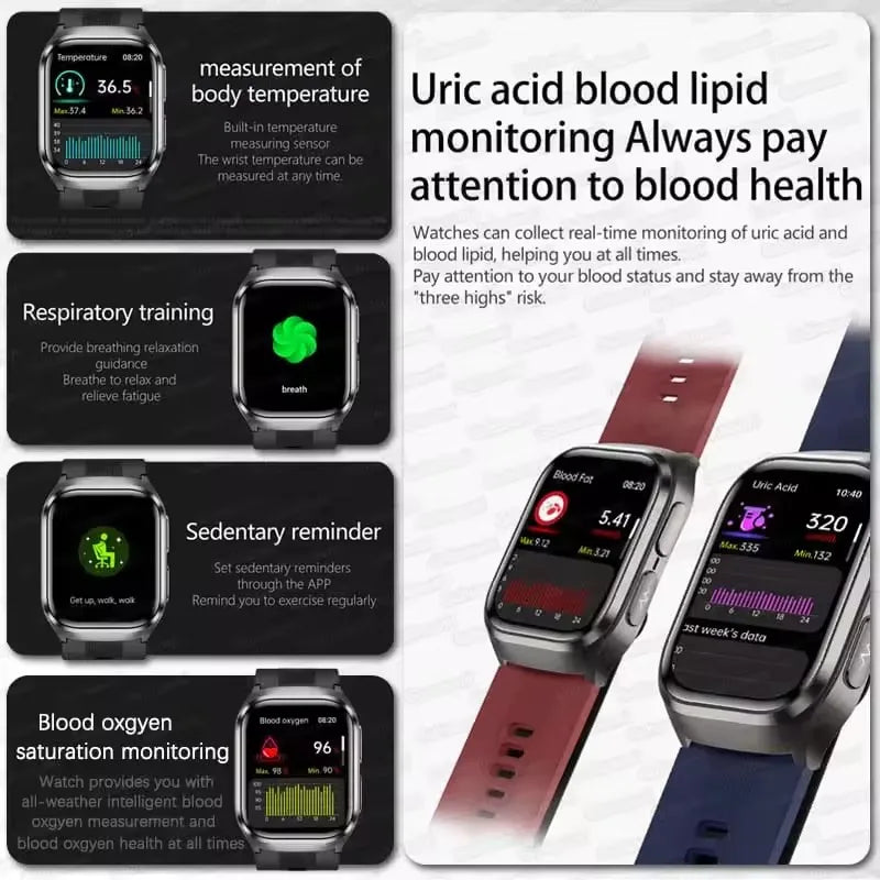 2026New Health Watch Blood Pressure Accurate Measure Smart Watches Men Uric Acid Blood Lipids waterproof Airbag Smartwatch Women