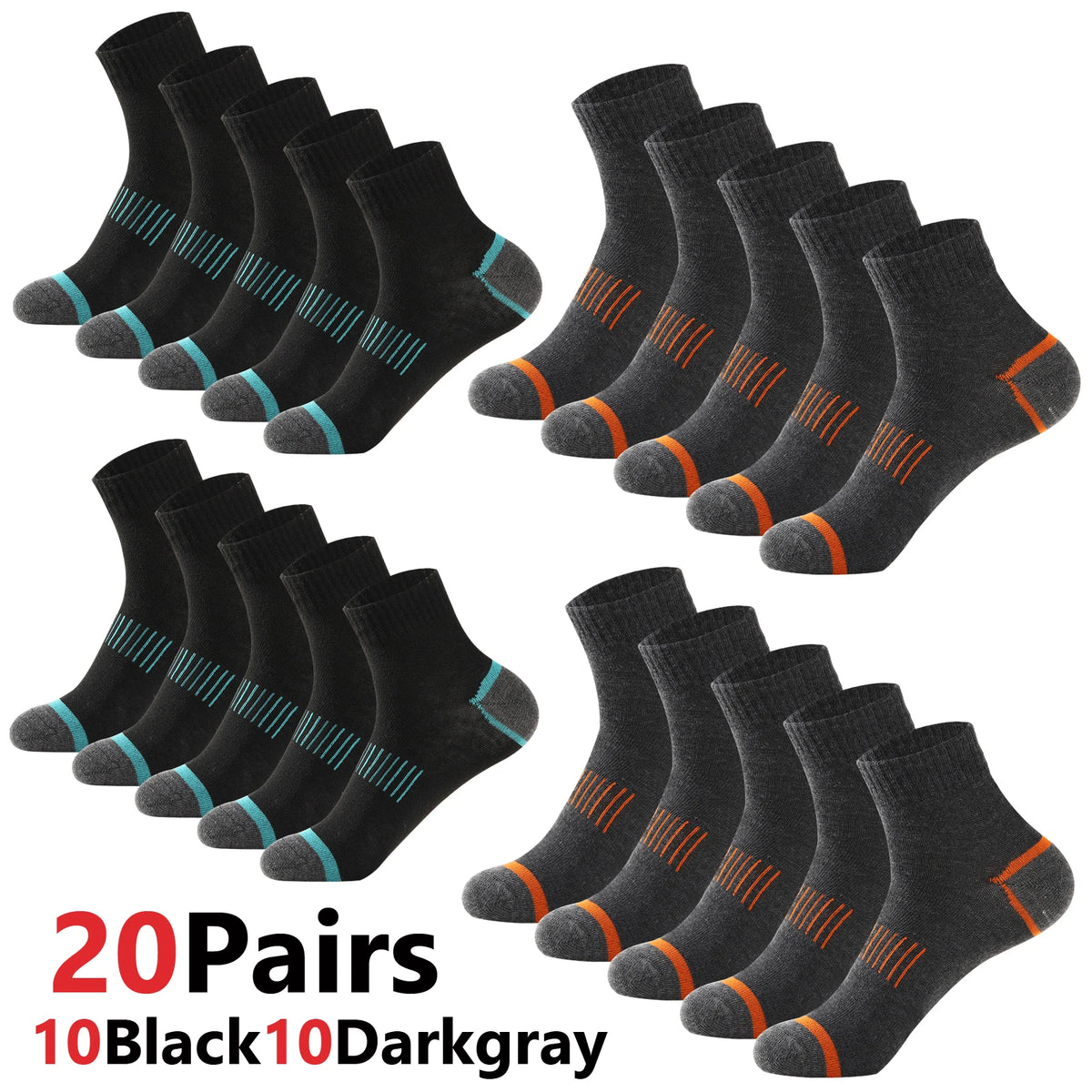 20Pairs High Quality Men's Cotton Socks Set Casual Breathable Sports Winter Black Large Size 38-45