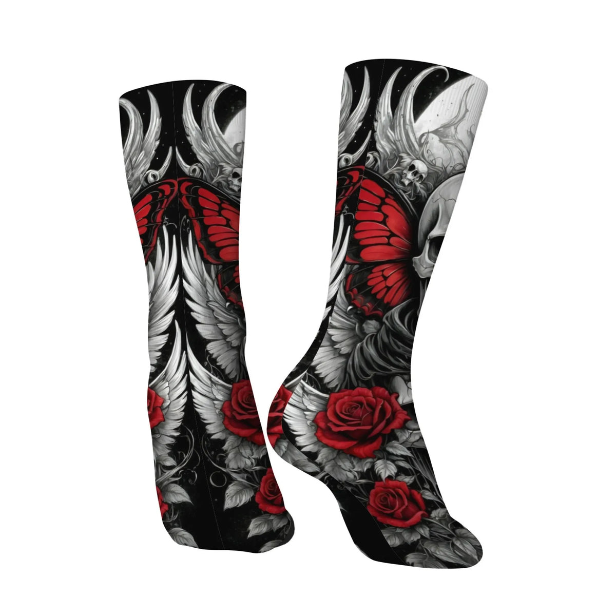 Dark Black Skull Rose and Butterfly Print Men's Mid-calf Socks Dark Mystical Rebellious Street Art Comfortable and Soft Socks