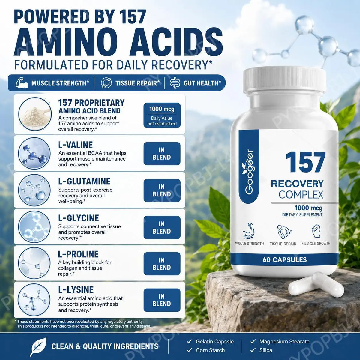 Googeer 157 Recovery Complex Capsules for Muscle Strength and Tissue Repair, L-Lysine Amino Acid Blend, Daily, 60 Capsules