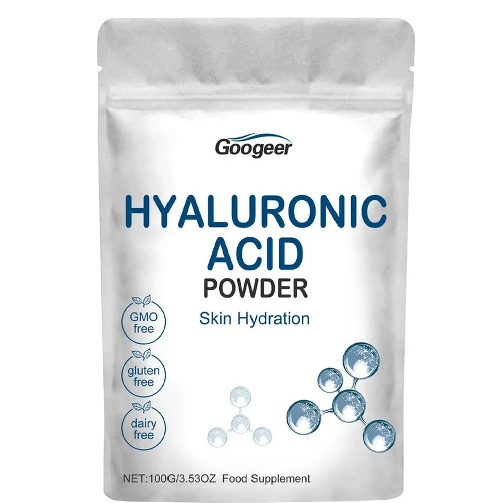 Googeer Hyaluronic Acid Powder for Skin Hydration and Deep Moisturizing, GMO Free Gluten Free Daily Beauty Wellness Support 100g