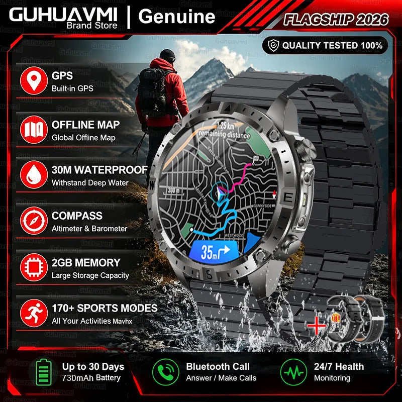 2026New Military Built-in GPS Offline Map Smart Watch AMOLED HD BT Call Compass Flashlight 3ATM Waterproof Men Sports Smartwatch