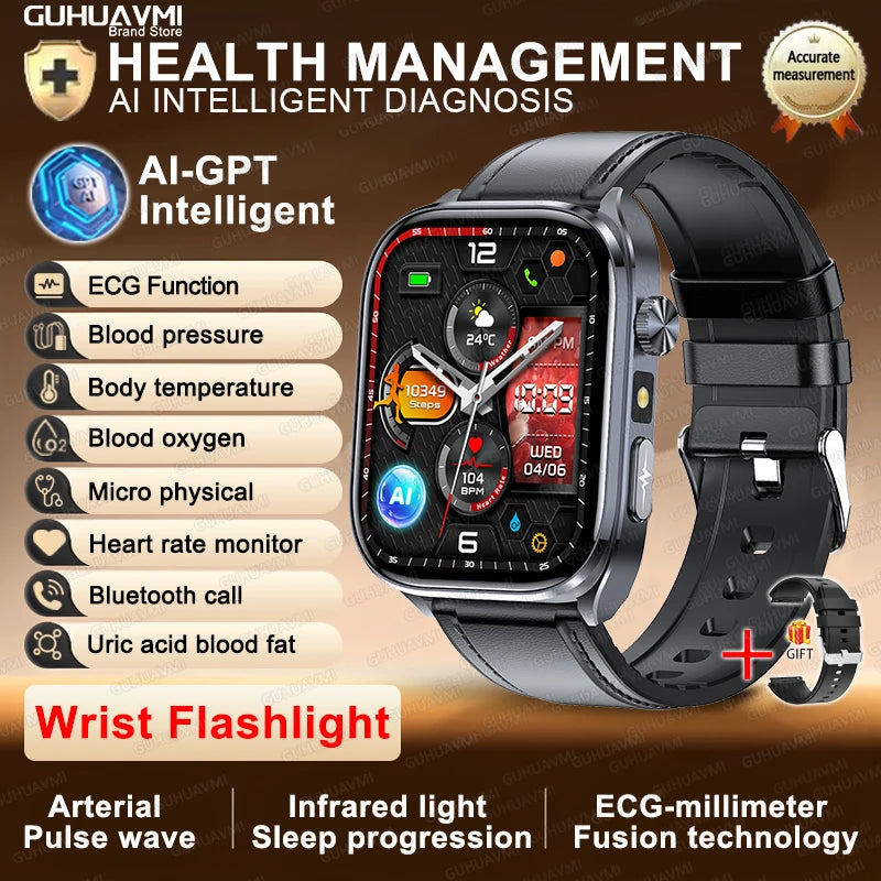 New Accurate Blood Pressure Smart Watch Uric Acid ECG+PPG Blood Oxygen Body Analysis Body Fat LED Flashlight smart watches 2025