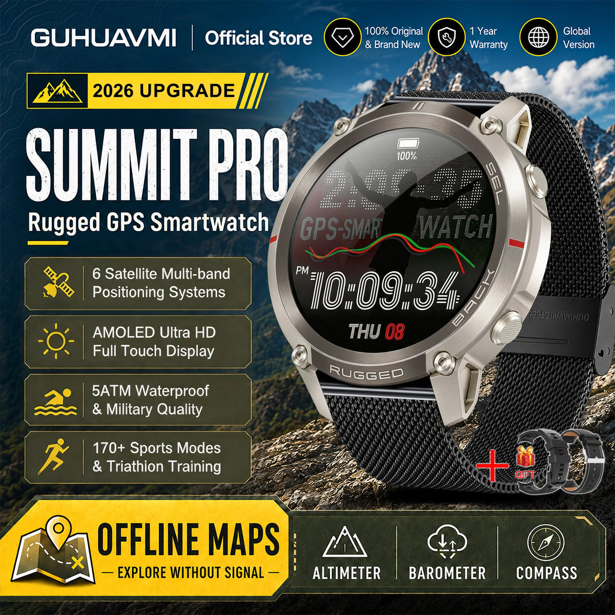 2026 New Google Maps Smart Watch GPS Route Tracking Offline Map Compass Fitness Tracker BT Call Rugged Outdoor HD Smartwatch Men