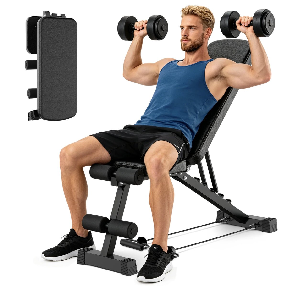 10-In-1 Weight Bench Foldable Dumbbell Bench Multifunctional Home Gym 5-Level Adjustable Incline/Decline/Flat, Bonus Resistance Band for Full-Body Strength Training