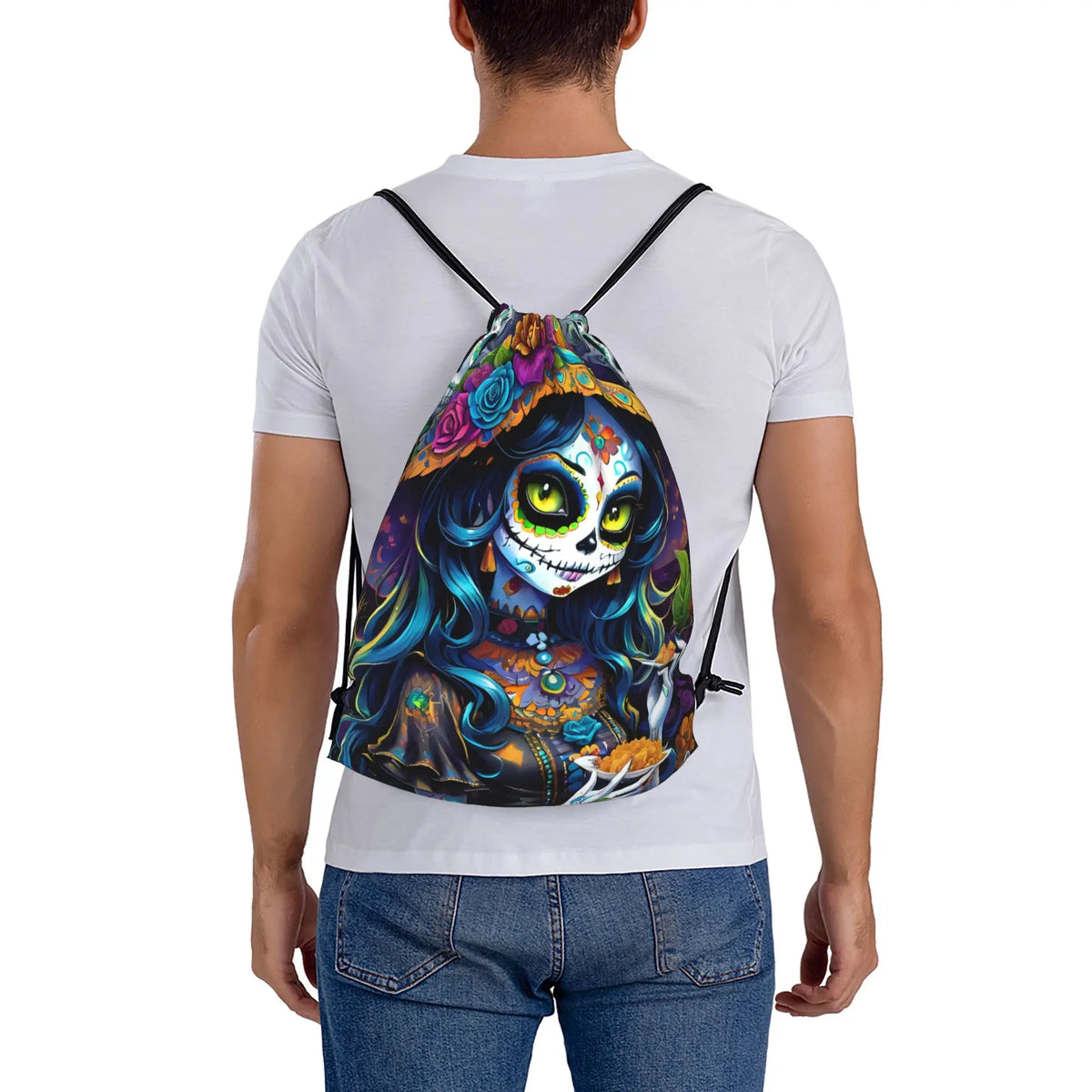 Custom Day of the Dead Retro Style Ideal Gift Halloween Drawstring Backpack Sports Gym Bag for Women Men  Training Sackpack