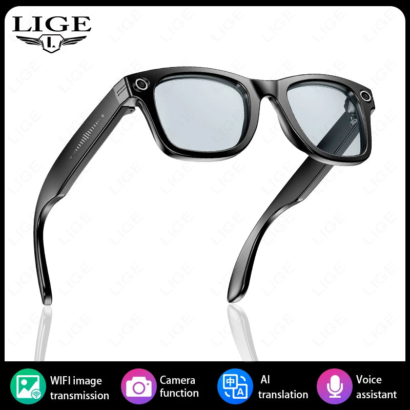 LIGE AI Smart Glasses with Camera Music Video Bluetooth Call Glasses Man 270mAh Voice Assistant Music Sunglasses for Android iOS