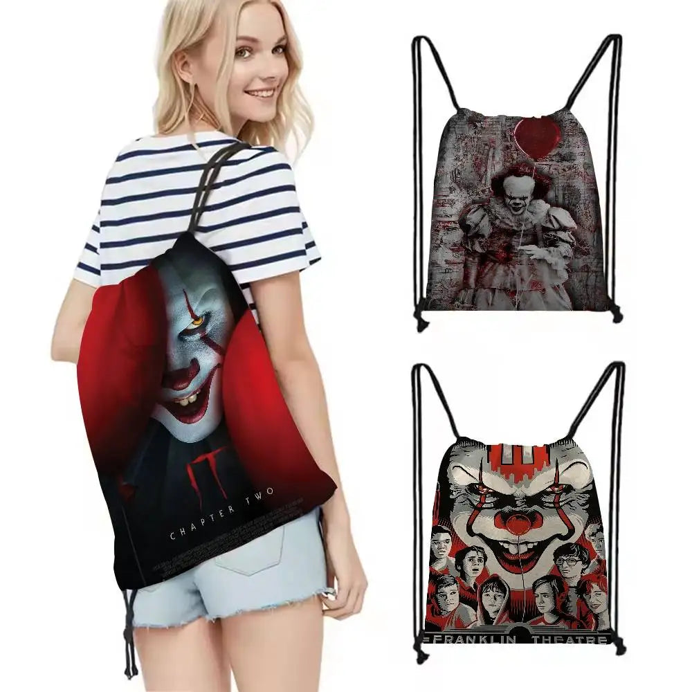 Horror Film I-It P-Pennywise Clown Drawstring Bags Sports Backpack Gym Sackpack Water Resistant String Bag For Cycling
