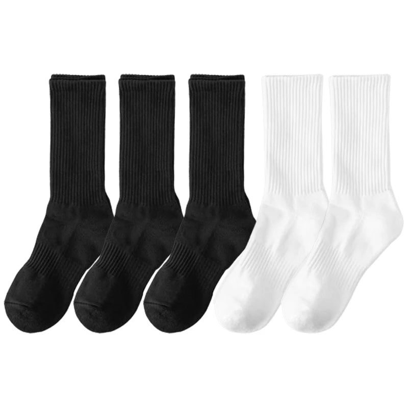 5 Pairs/lot Pure Cotton Men's High Socks Classic Black White Breathable Sweat-Absorbent Women's Autumn Warm Elastic Sports Socks
