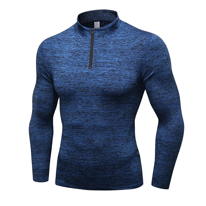 Winter Fleece Men's Fitness Running Training Long-Sleeved Elastic Warm Tight Stand-Up Collar Hoodie Zipper Compression Shirt
