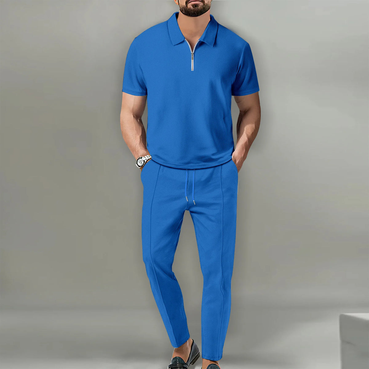 Autumn New European and American Men's Solid Color Casual Comfort Set, Pants, Short Sleeves, Zipper Set