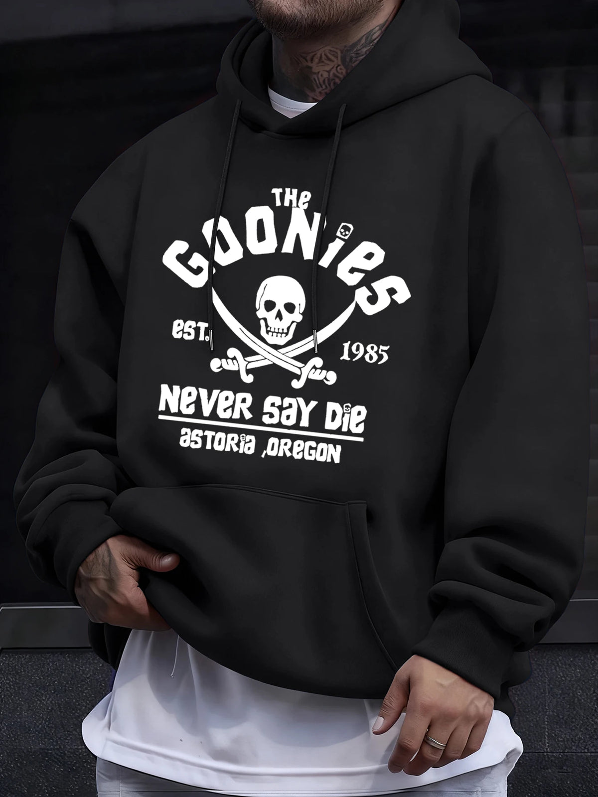 Distressed Goonies Never Say Die Mens Sweatshirt Fashion Casual Hoodies Soft Loose Pullovers Fleece Autumn Unisex Clothing