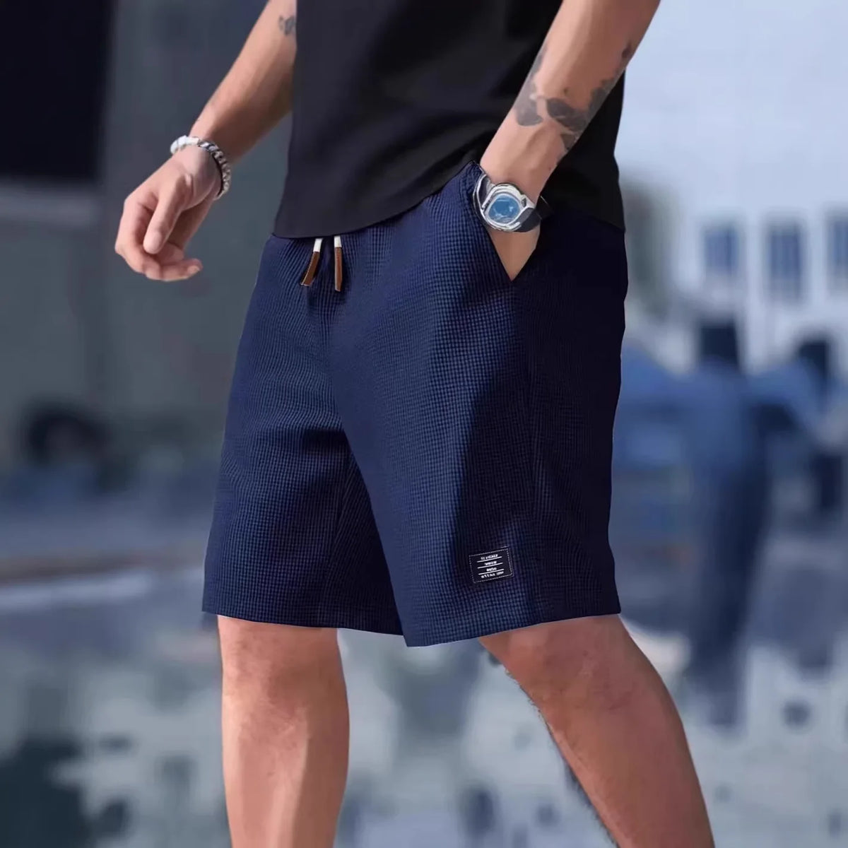 2026 Summer Men's Waffle Texture Casual Sports Beach Shorts Quick Dry Trendy Breathable Bermuda Shorts Streetwear  ﻿