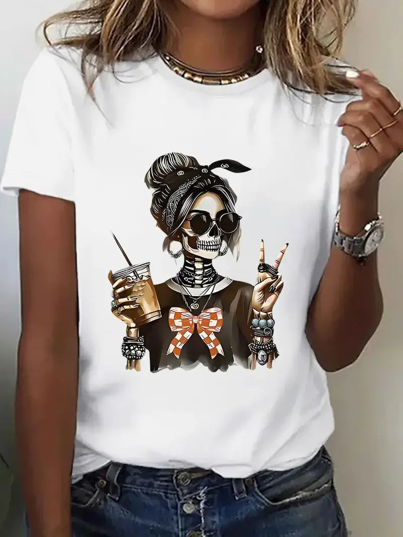 Women's Halloween Skeleton Graphic Print T-Shirt Skull Printed Short Sleeve T Shirt Clothing Top Tee Summer Ladies Girls Shirt