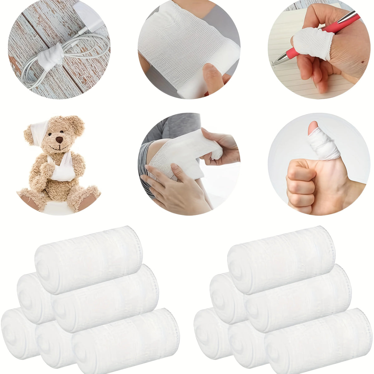 6 Rolls Elastic Gauze Bandages, Breathable and Retractable White Care Package, Used for Finger, Wrist, Leg Support Sports Care